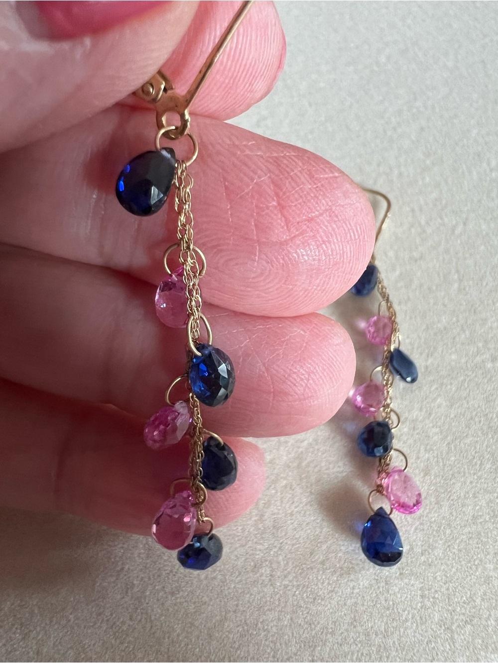 Vintage 10k Solid Gold Pink & Blue Sapphire Briolette Necklace and Earrings Set - Picture 9 of 14